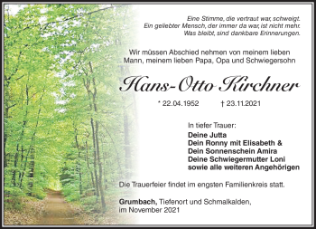 Traueranzeige von Hans-otto Kirchner von Südthüringer Presse