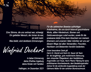 Traueranzeige von Winfried Deckert von Südthüringer Presse
