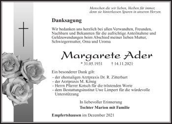Traueranzeige von Margarete Ader von Südthüringer Presse
