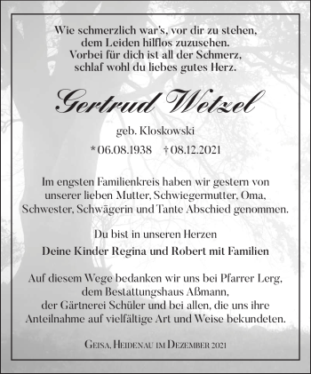 Traueranzeige von Gertrud Wetzel von Südthüringer Presse