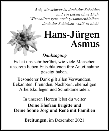 Traueranzeige von Hans-Jürgen Asmus von Südthüringer Presse