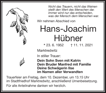 Traueranzeige von Hans-Joachim Hübner von Frankenpost