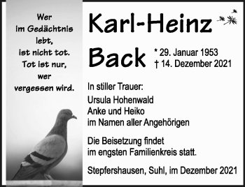 Traueranzeige von Karl-Heinz Back von Südthüringer Presse