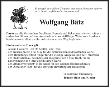 Traueranzeige von Wolfgang Bätz von Südthüringer Presse