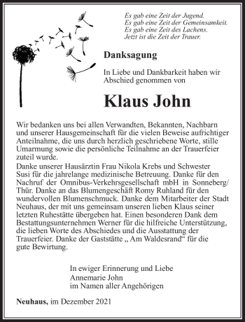 Traueranzeige von Klaus Johann von Südthüringer Presse
