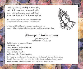 Traueranzeige von Marga Lindemann von Südthüringer Presse