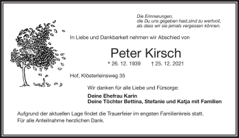 Traueranzeige von Peter Kirsch von Frankenpost