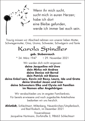 Traueranzeige von Karola Spindler von Südthüringer Presse