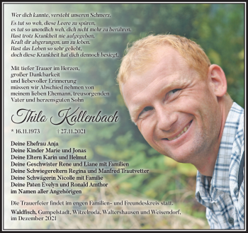 Traueranzeige von Thilo Kallenbach von Südthüringer Presse