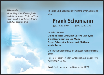 Traueranzeige von Frank Schumann von Südthüringer Presse