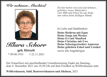 Traueranzeige von Klara Schorr von Südthüringer Presse