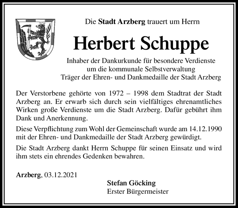 Traueranzeige für Herbert Schuppe vom 03.12.2021 aus Frankenpost