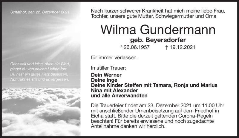  Traueranzeige für Wilma Gundermann vom 22.12.2021 aus Neue Presse Coburg
