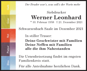Traueranzeige von Werner Leonhard von Frankenpost