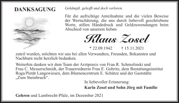 Traueranzeige von Klaus Zosel von Südthüringer Presse