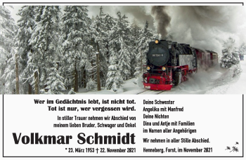 Traueranzeige von Volkmar Schmidt von Südthüringer Presse
