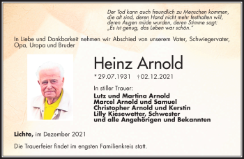 Traueranzeige von Heinz Arnold von Südthüringer Presse