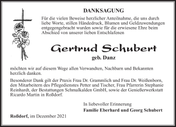 Traueranzeige von Gertrud Schubert von Südthüringer Presse