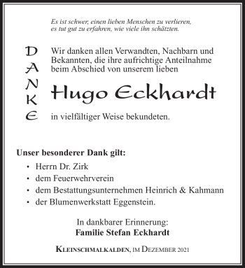 Traueranzeige von Hugo Eckhardt von Südthüringer Presse