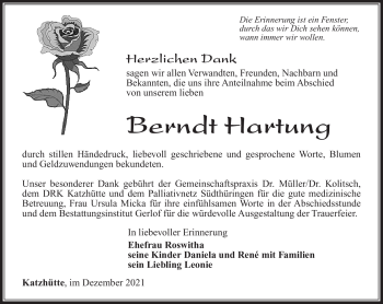 Traueranzeige von Berndt Hartung von Südthüringer Presse