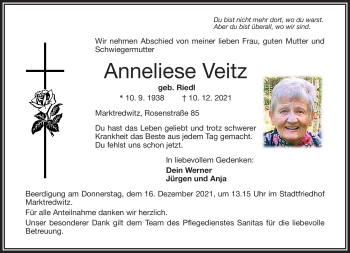 Traueranzeige von Anneliese Veitz von Frankenpost