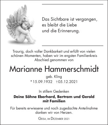 Traueranzeige von Marianne Hammerschmidt von Südthüringer Presse
