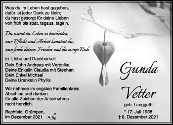 Traueranzeige von Gunda Vetter von Südthüringer Presse