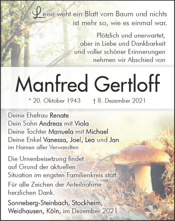 Traueranzeige von Manfred Gertloff von Südthüringer Presse