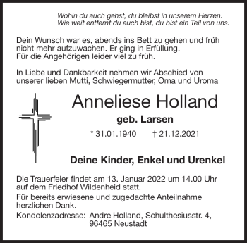 Traueranzeige von Anneliese Holland von Neue Presse Coburg