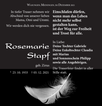 Traueranzeige von Rosemarie Stapf von Südthüringer Presse