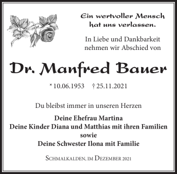 Traueranzeige von Manfred Bauer von Südthüringer Presse