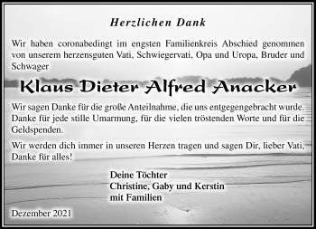 Traueranzeige von Klaus Dieter Alfred Anacker von Südthüringer Presse