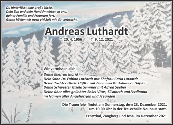 Traueranzeige von Andreas Luthardt von Südthüringer Presse