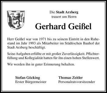Traueranzeige von Gerhard Geißel von Frankenpost