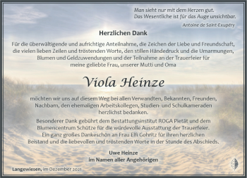 Traueranzeige von Viola Heinze von Südthüringer Presse