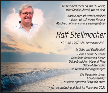 Traueranzeige von Ralf Stellmacher von Südthüringer Presse