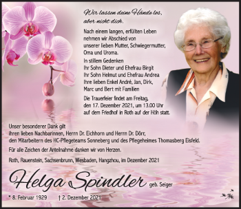Traueranzeige von Helga Spindler von Südthüringer Presse