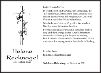 Traueranzeige von Helene Recknagel von Südthüringer Presse