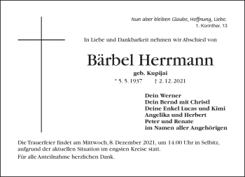 Traueranzeige von Bärbel Herrmann von Frankenpost