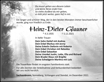 Traueranzeige von Heinz-Dieter Glauner von Südthüringer Presse