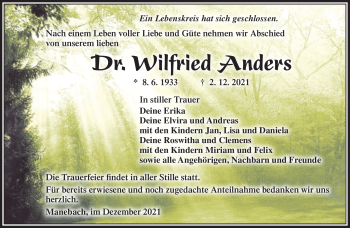 Traueranzeige von Wilfried Anders von Südthüringer Presse