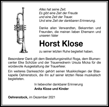 Traueranzeige von Horst Klose von Südthüringer Presse