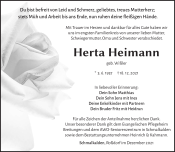 Traueranzeige von Herta Heimann von Südthüringer Presse