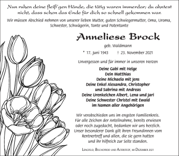 Traueranzeige von Anneliese Brock von Südthüringer Presse