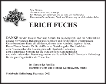 Traueranzeige von Erich Fuchs von Südthüringer Presse