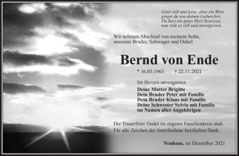 Traueranzeige von Bernd von Ende von Südthüringer Presse
