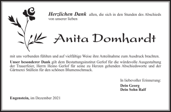Traueranzeige von Anita Domhardt von Südthüringer Presse