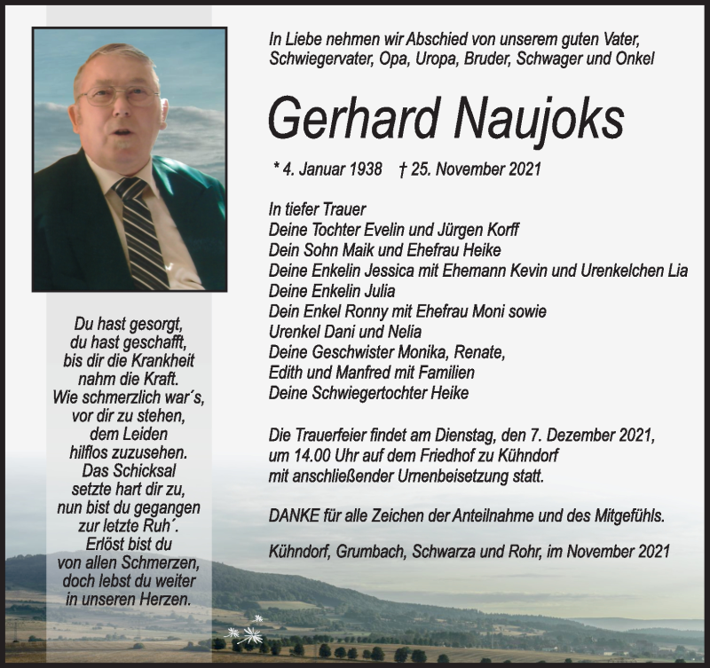  Traueranzeige für Gerhard Naujoks vom 01.12.2021 aus Südthüringer Presse