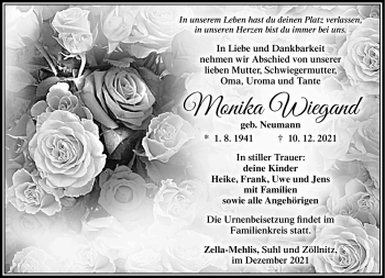 Traueranzeige von Monika Wiegand von Südthüringer Presse