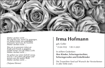 Traueranzeige von Irma Hofmann von Frankenpost